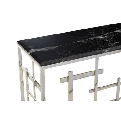 Orsina Aprilia Black Marble Console Table | Silver Geometric Base
