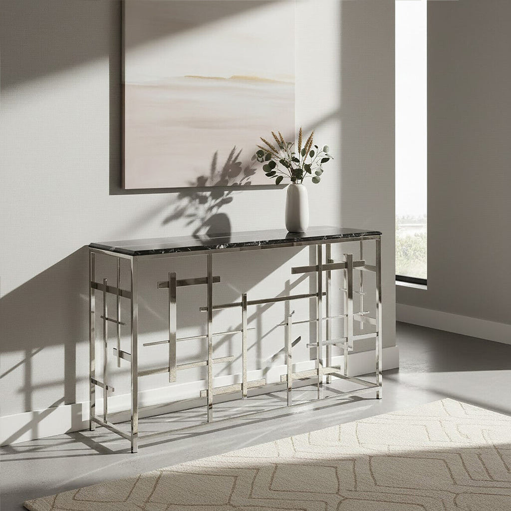 Orsina Aprilia Black Marble Console Table | Silver Geometric Base