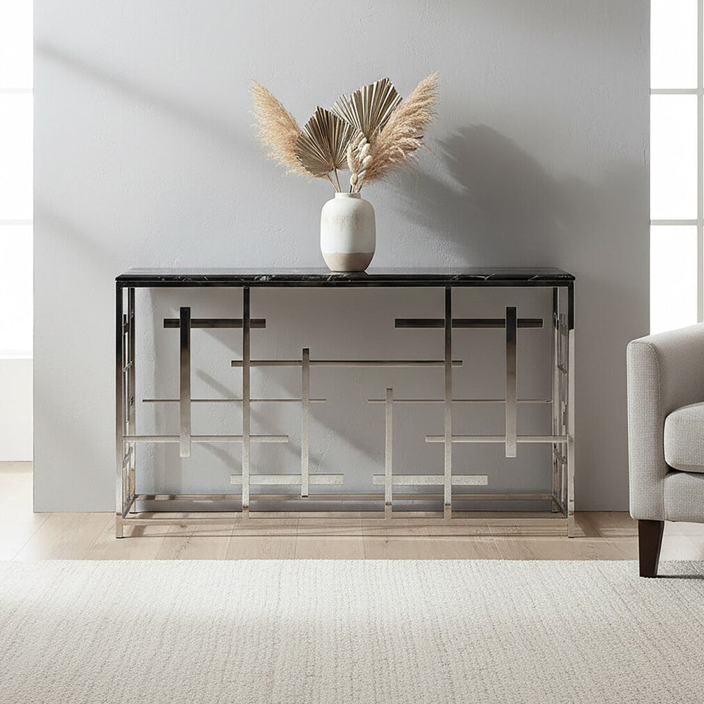 Orsina Aprilia Black Marble Console Table | Silver Geometric Base