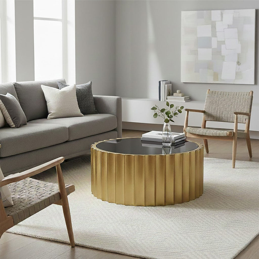 Orsina Alvaro Round Coffee Table | Black Glass and Titanium Base