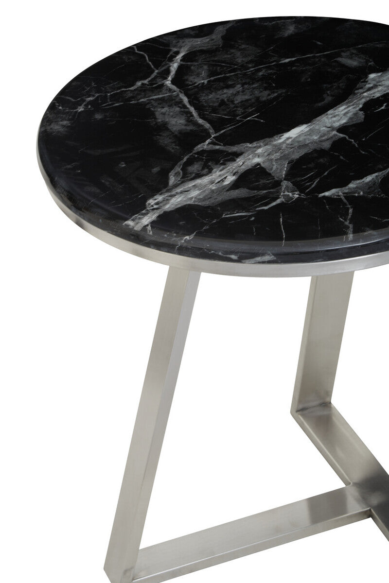 Orsina Alvaro Round Black Marble Side Table with Silver Sledge Base