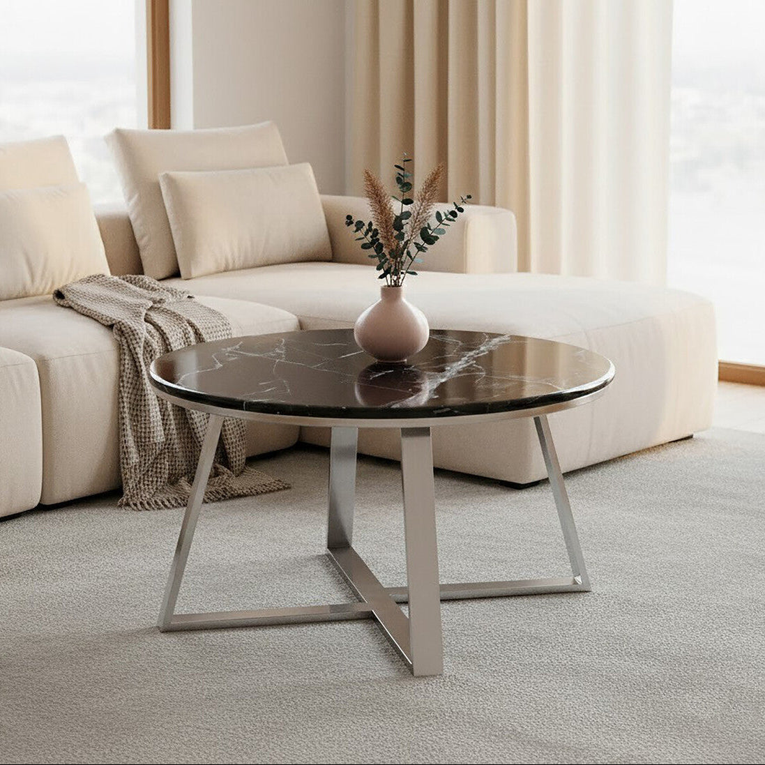 Orsina Alvaro Round Black Marble Coffee Table with Silver Steel Base