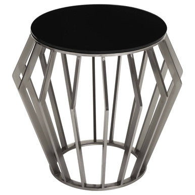 Orsina Ackley Round Side Table – Black Glass & Silver Stainless Steel