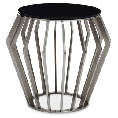 Orsina Ackley Round Side Table – Black Glass & Silver Stainless Steel