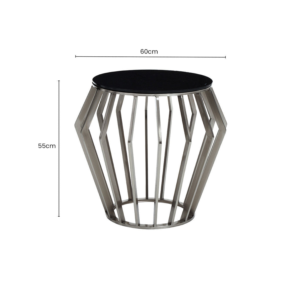 Orsina Ackley Round Side Table – Black Glass & Silver Stainless Steel