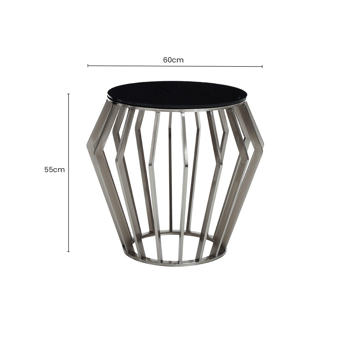 Orsina Ackley Round Side Table – Black Glass & Silver Stainless Steel