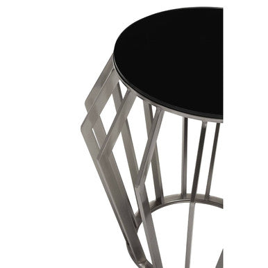 Orsina Ackley Round Side Table – Black Glass & Silver Stainless Steel