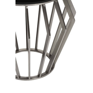 Orsina Ackley Round Side Table – Black Glass & Silver Stainless Steel