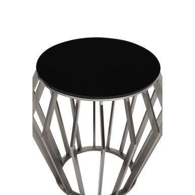 Orsina Ackley Round Side Table – Black Glass & Silver Stainless Steel