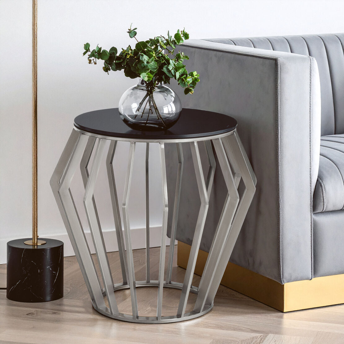 Orsina Ackley Round Side Table – Black Glass & Silver Stainless Steel