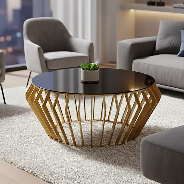 Orsina Ackley Round Coffee Table - Black Glass & Polished Gold