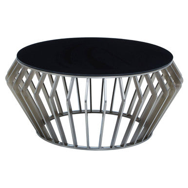 Orsina Ackley Round Coffee Table – Black Glass & Silver Stainless Steel