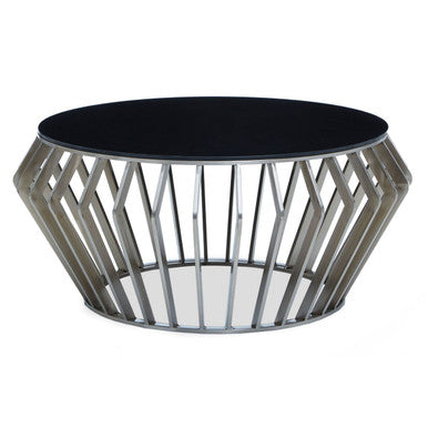 Orsina Ackley Round Coffee Table – Black Glass & Silver Stainless Steel