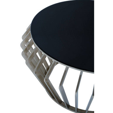 Orsina Ackley Round Coffee Table – Black Glass & Silver Stainless Steel