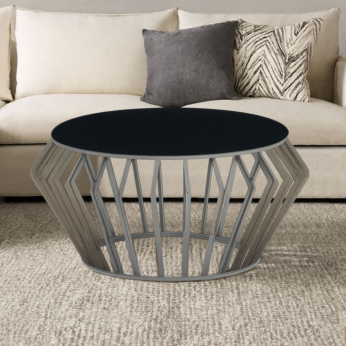 Orsina Ackley Round Coffee Table – Black Glass & Silver Stainless Steel