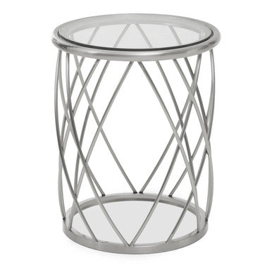 Orsina Ackley Round Glass Side Table – Silver Stainless Steel Base