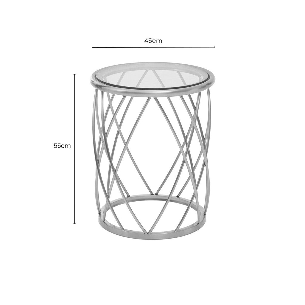 Orsina Ackley Round Glass Side Table – Silver Stainless Steel Base