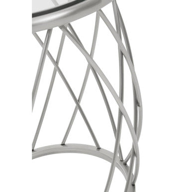 Orsina Ackley Round Glass Side Table – Silver Stainless Steel Base
