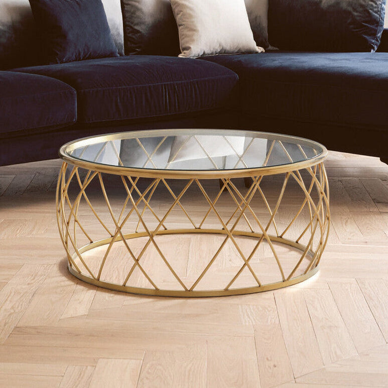 Orsina Ackley Round Gold Coffee Table with Tempered Clear Glass