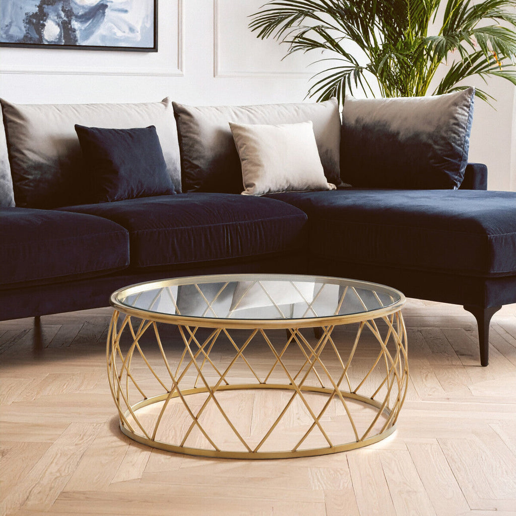 Orsina Ackley Round Gold Coffee Table with Tempered Clear Glass