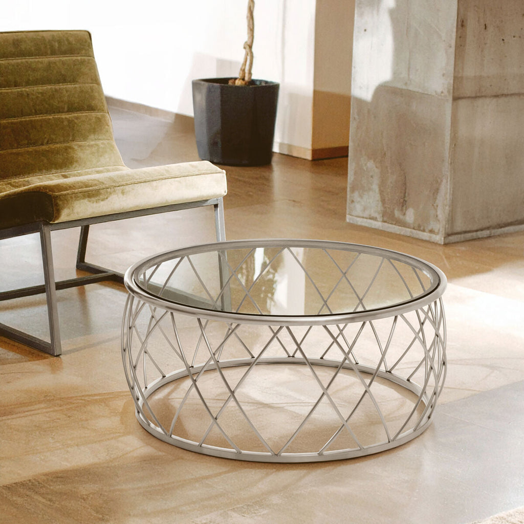 Orsina Ackley Round Glass Coffee Table – Stainless Steel Silver Base