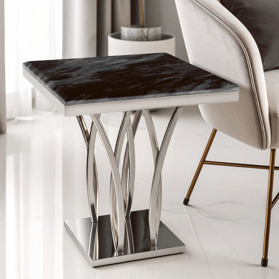 Orsina Arenza Black Marble Side Table with Silver Sculptural Base