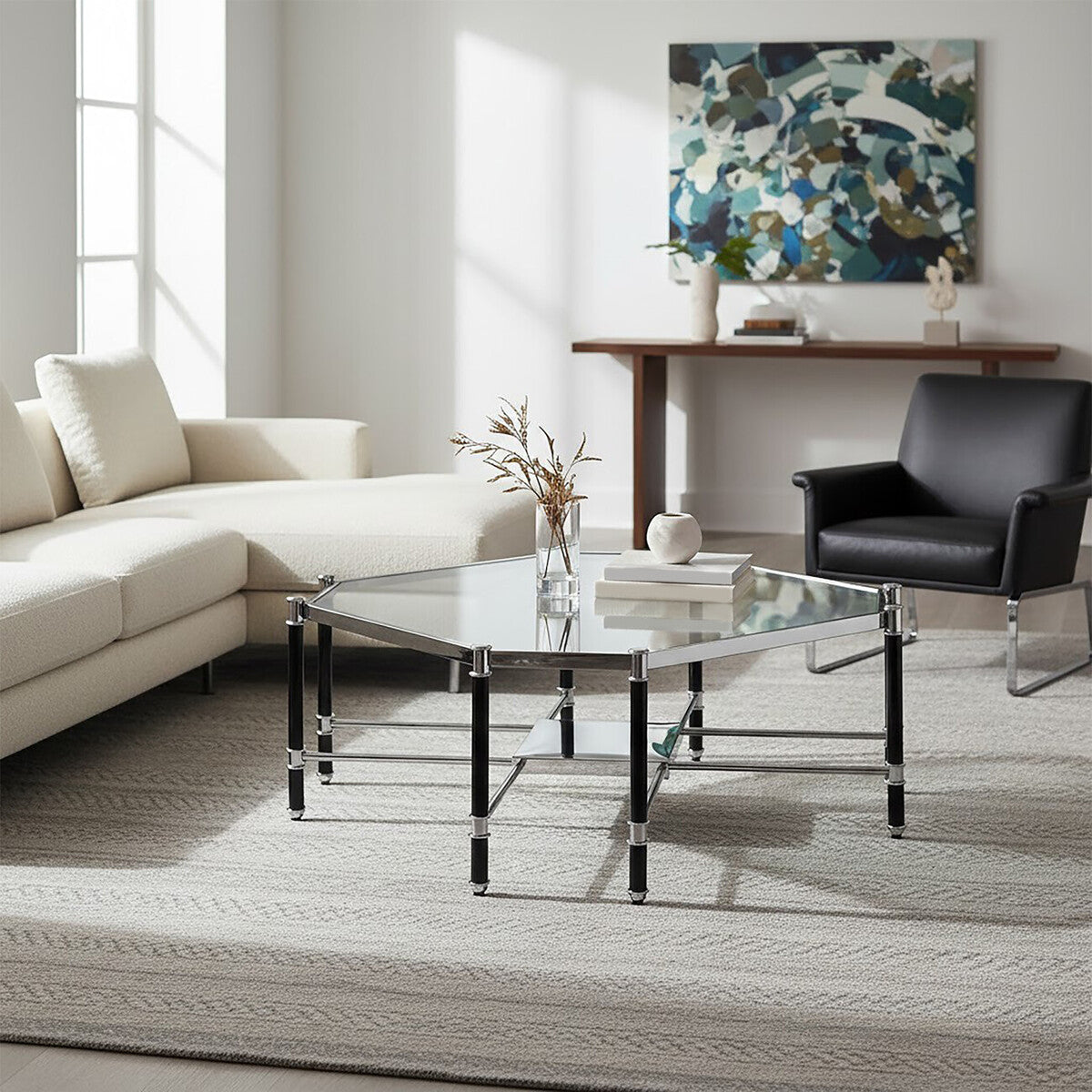 Orsina Allessi Octagonal Glass Coffee Table – Silver and Black Metal