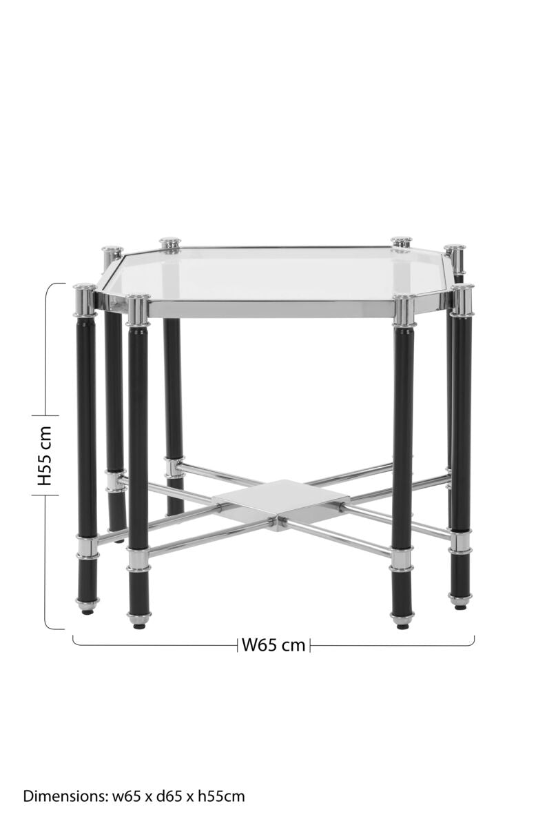 Orsina Allessi Glass End Table – Silver Chrome and Black Steel