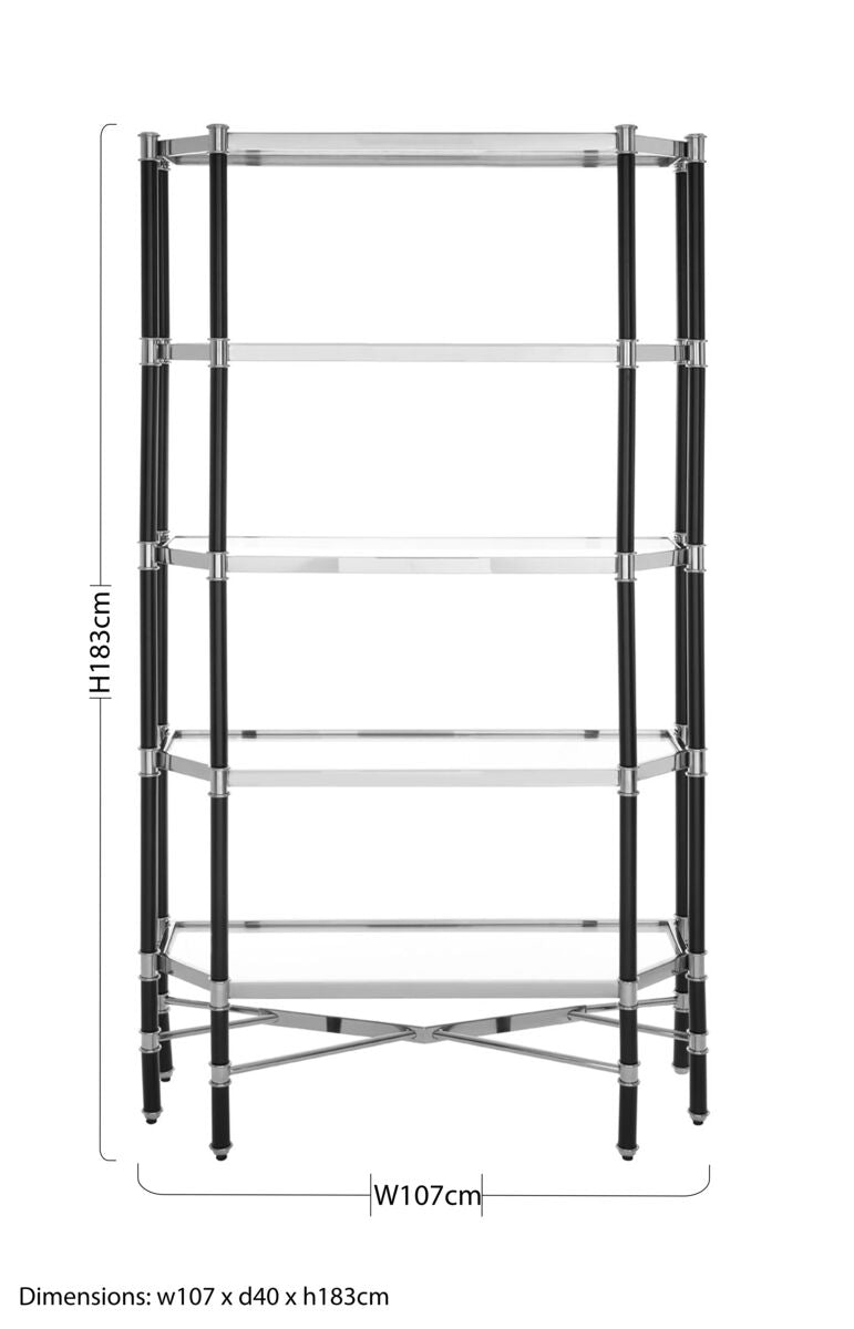 Orsina Allessi 5-Shelf Glass Bookcase | Silver Metal & Black Frame