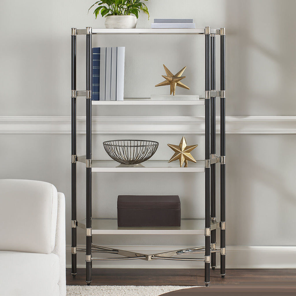 Orsina Allessi 5-Shelf Glass Bookcase | Silver Metal & Black Frame
