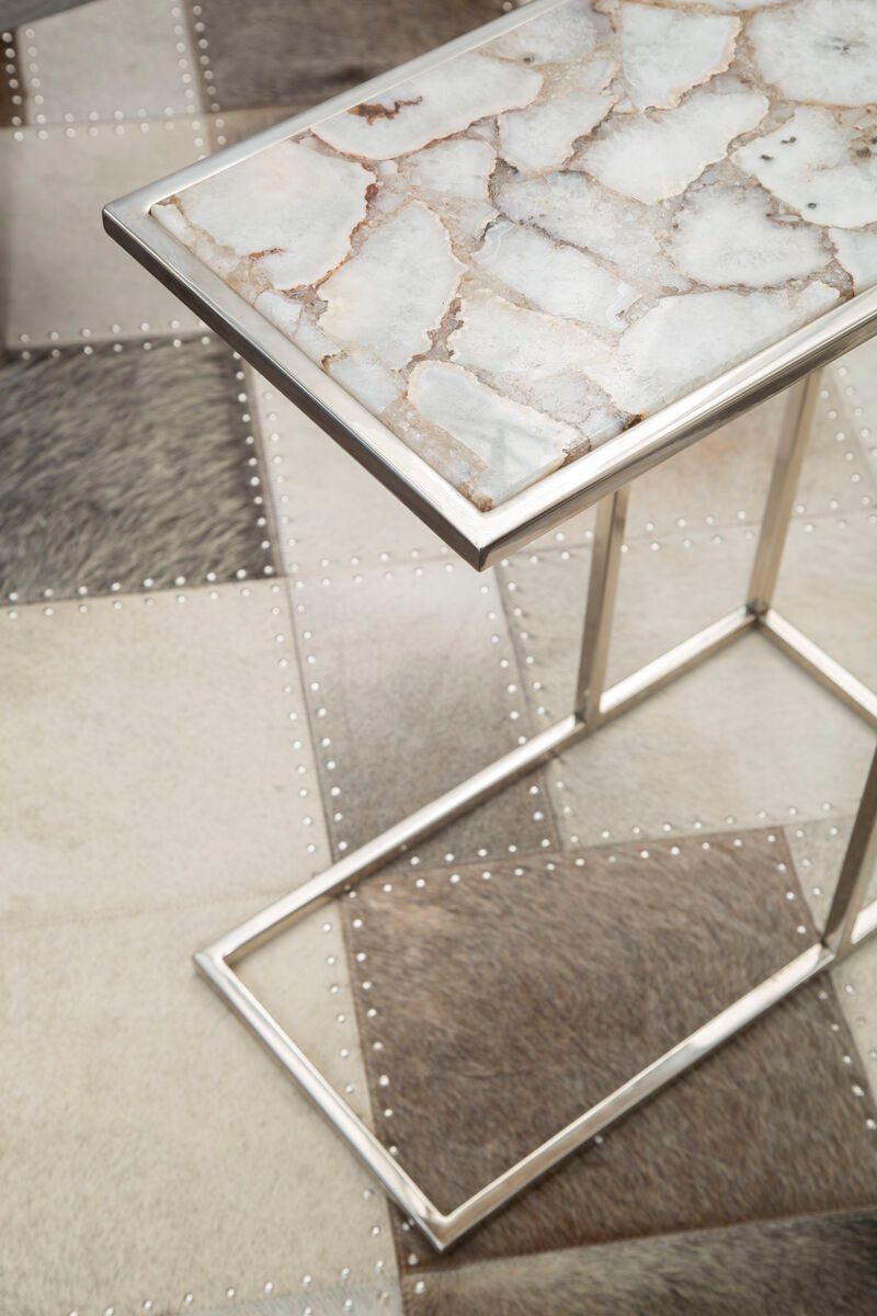 Orsina Vita White and Silver Agate Side Table – Modern Stone Accent