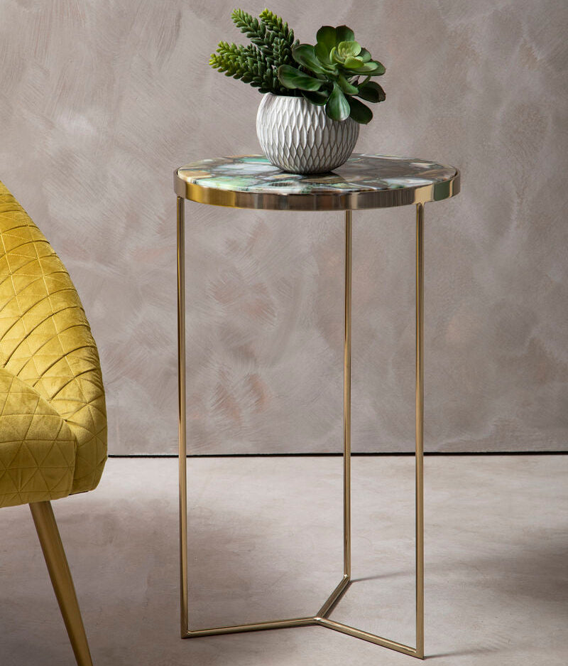 Orsina Vita Green Agate Round Side Table – Gold Metallic Frame