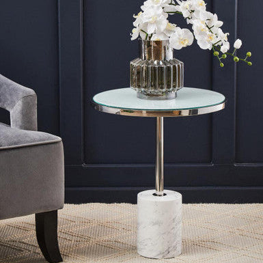 Orsina Oria Marble End Table – White and Silver Chrome Side Table