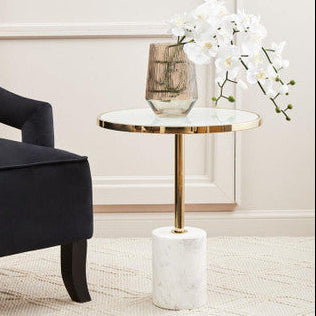 Orsina Oria White Marble End Table – Round Gold Pedestal Side Table