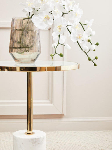 Orsina Oria White Marble End Table – Round Gold Pedestal Side Table