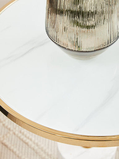 Orsina Oria White Marble End Table – Round Gold Pedestal Side Table
