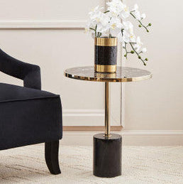 Orsina Oria Black Marble End Table – Round Gold Pedestal Side Table