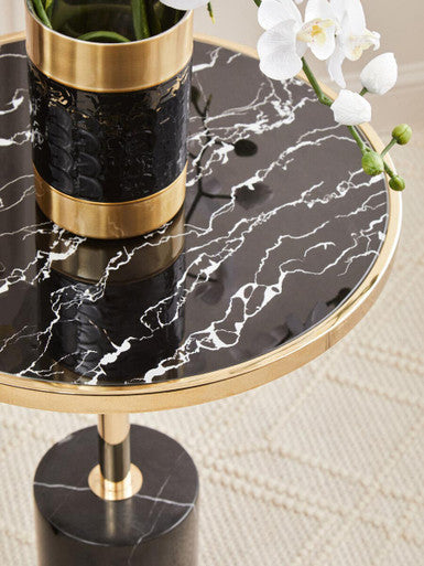 Orsina Oria Black Marble End Table – Round Gold Pedestal Side Table