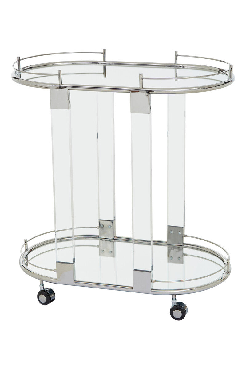 Orsina Oria Oval Mirrored Bar Cart – Silver Chrome & Acrylic Trolley