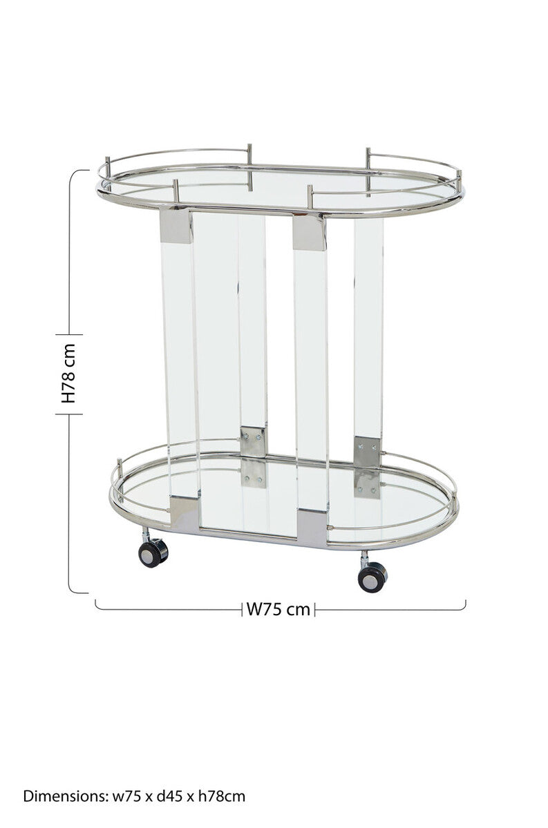 Orsina Oria Oval Mirrored Bar Cart – Silver Chrome & Acrylic Trolley
