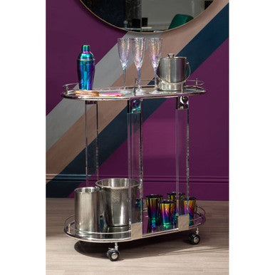 Orsina Oria Oval Mirrored Bar Cart – Silver Chrome & Acrylic Trolley