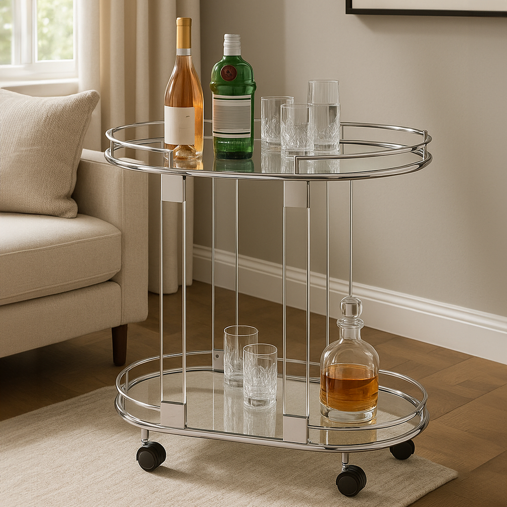 Orsina Oria Oval Mirrored Bar Cart – Silver Chrome & Acrylic Trolley