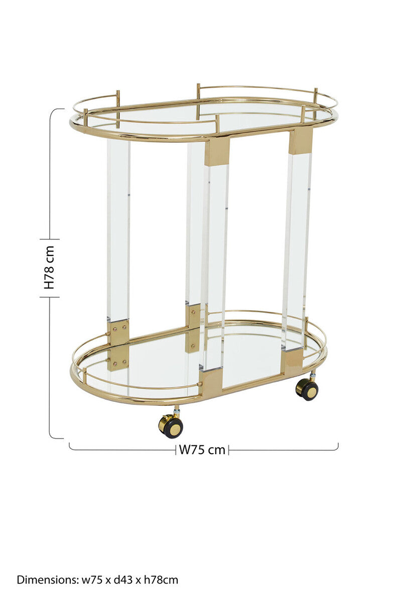 Orsina Oria Drinks Trolley – Gold Metallic Bar Cart with Glass Shelves