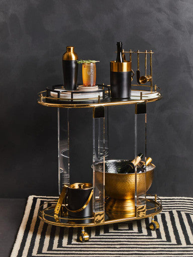 Orsina Oria Drinks Trolley – Gold Metallic Bar Cart with Glass Shelves