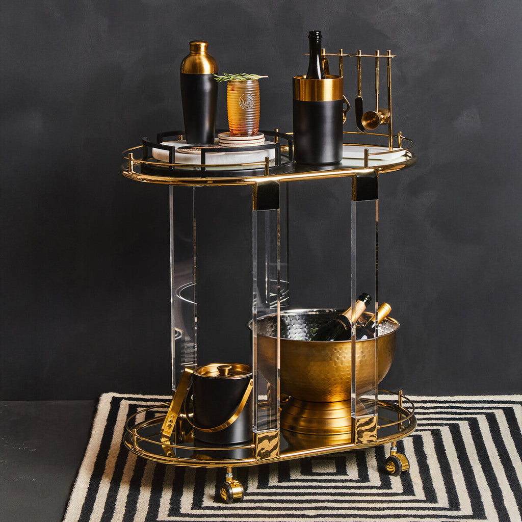 Orsina Oria Drinks Trolley – Gold Metallic Bar Cart with Glass Shelves