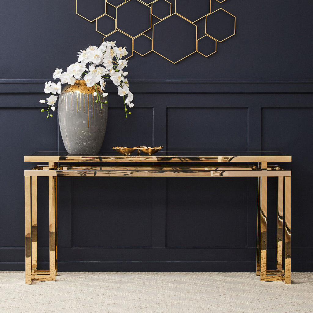 Orsina Oria Grey Mirrored Glass and Gold 2-Tier Console Table