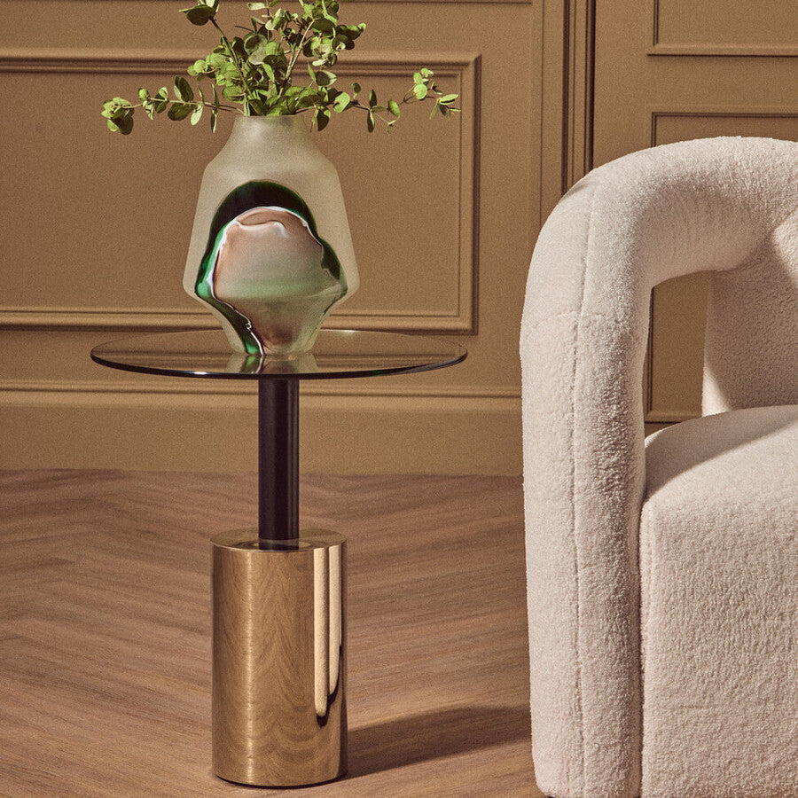 Orsina Oria Glass End Table – Black and Gold Metal Pedestal Side Table
