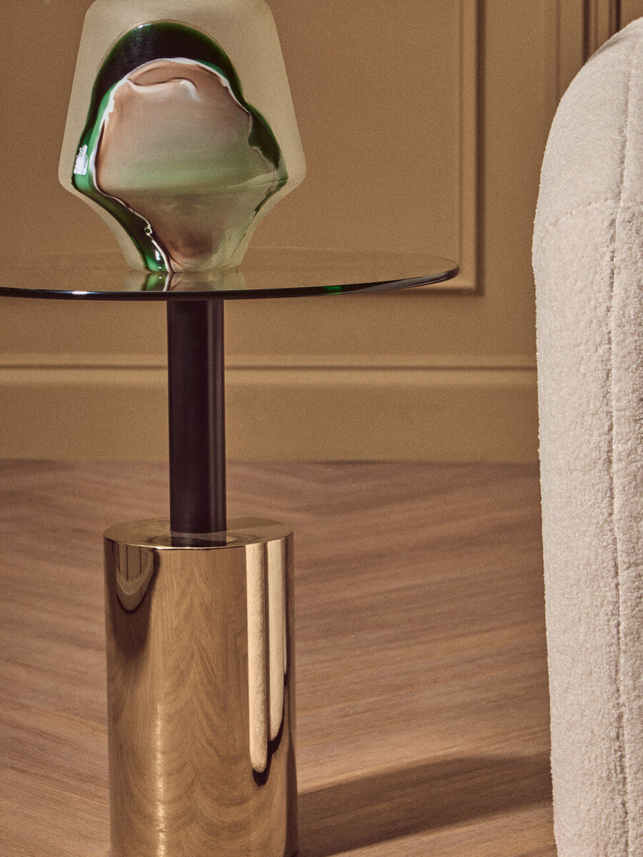 Orsina Oria Glass End Table – Black and Gold Metal Pedestal Side Table