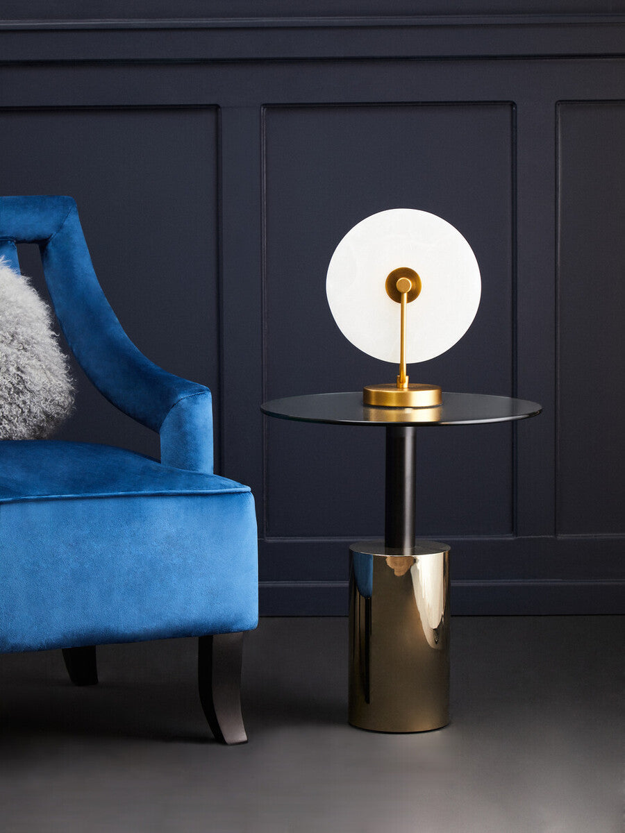Orsina Oria Glass End Table – Black and Gold Metal Pedestal Side Table