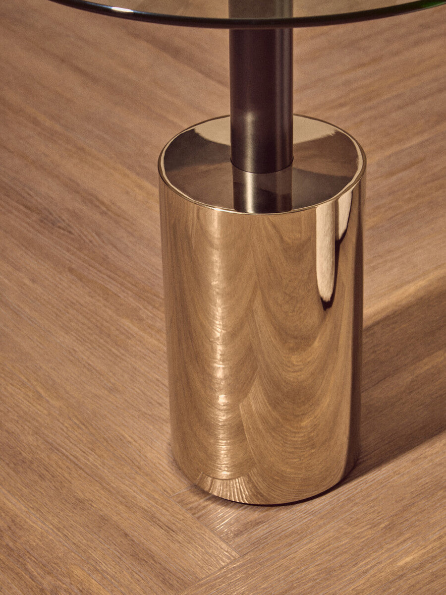 Orsina Oria Glass End Table – Black and Gold Metal Pedestal Side Table